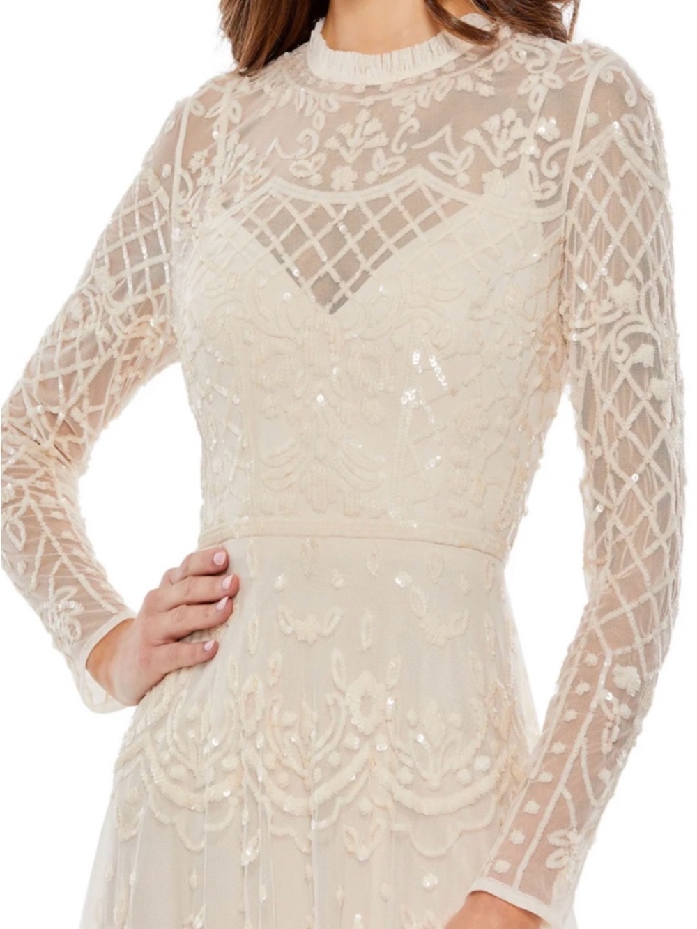 Mac Duggal 9142 Ivory Beaded sequins Long-Sleeve embroidered mesh midi dress